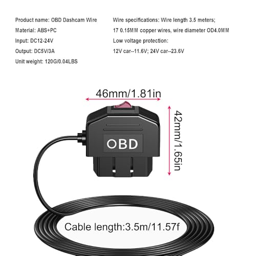 Image of Gebildet Dash Cam OBD Hardwire Kit, Micro USB Hardwire Kit with OBD Power Cable for Dashcam 12-24V to 5V /3A with Low Voltage Protection 24h Parking Surveillance /Acc Mode for Dashcam, GPS or Radar