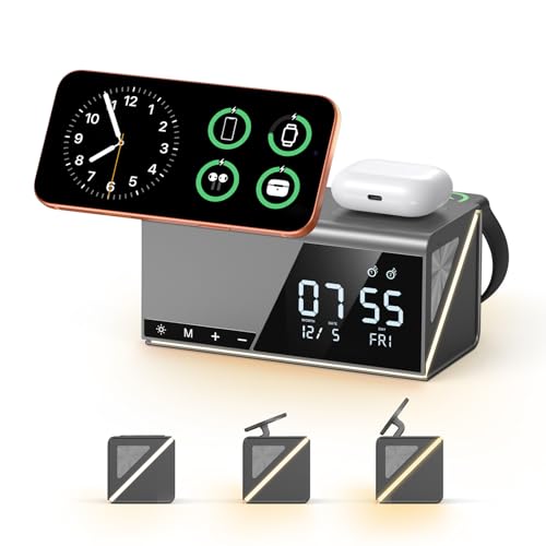 4URPC 6-in-1 Alarm Clock Wireless Charging Station for Apple Devices MagSafe Charging Dock for iPhone 17/16/15/14/13 Series Apple Watch AirPods Wireless Charger with Night Light/Alarm Clock