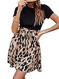 SheIn Damen A Linie Minikleid 2 in 1 Freizeitkleid Leopardenmuster Kurzarm Skaterkleid Kurz Kleider mit Gürtel Khaki M