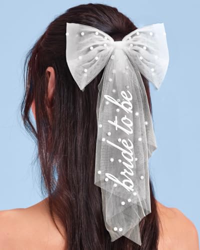 xo Fetti Bride To Be Pearl Hair Bow Veil | Bachelorette Bridal Shower White Tulle Pearl Embellished Wedding Accessory Bride Era