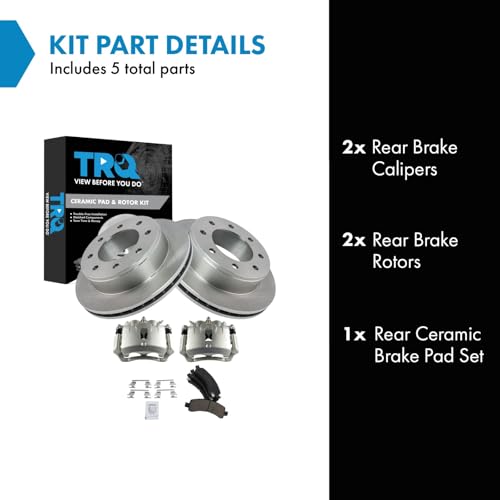 Image of TRQ Rear Brake Pad, Caliper, & Rotor Kit Ceramic Vented Compatible with 2003-2017 Chevrolet Express 2500 2005-2017 Express 3500 GMC Savana 2500 Savana 3500