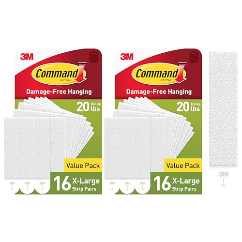 Command XL Heavyweight Picture Hanging Strips 20 lb Capacity 32 Pairs (64 Strips) White Adhesive Damage-Free Wall Hangers for Home Decor