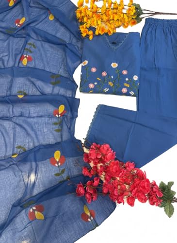 Image of Traditional Floral Embroidered Cotton Kurta Set with Dupatta