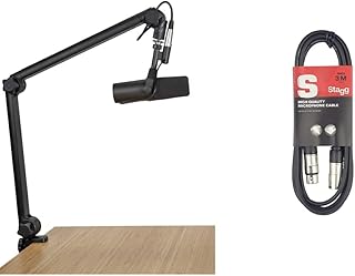 Gator Frameworks Deluxe Desk-Mounted Broadcast Microphone Boom Stand For Podcasts & Recording; Integrated XLR Cable GFWMICBCBM3000 and Stagg 3m XLR to XLR Plug Microphone Cable