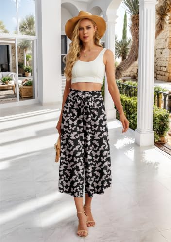 Image of IWOLLENCE Women Flowy Loose Wide Leg Pant Summer Beach Casual Trousers high Waist Adjustable Knot Business Work Casual Pants