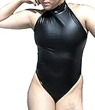 LinvMe Women's Sexy High Cut Halter Sleeveless Bodysuit Synthetic Latex Catsuit XL Black