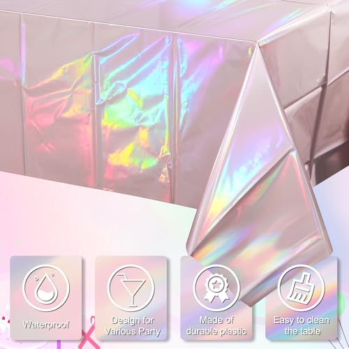 Image of 3 Pack Iridescent Light Pink Tablecloth for Parties, Pastel Pink Holographic Plastic Table Cover, Disposable Laser Baby Pink Table Cloth for Birthday Wedding Baby Shower Party Decorations, 54x108 Inch