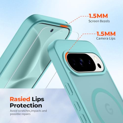 Image of SUPFINE Magnetic for Google Pixel 10 Pro XL Case with Screen Protector, (Built-in Magnets) ((Military Grade Drop Protection) Slim Translucent Shockproof Phone Case,Blue Green