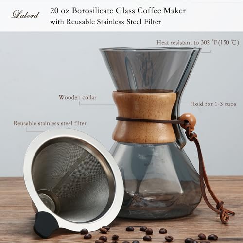 Lalord Pour Over Kaffeebereiter mit Edelstahlfilter, 600 ml Borosilikatglas Kaffeekaraffe, Holzkragen, Kaffeebereiter Karaffe, fasst 3-4 Tassen, 600 ml, Grau