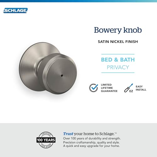 Image of Schlage F40 BWE 619 Bowery Door Knob, Bed & Bath Privacy Lock, Satin Nickel