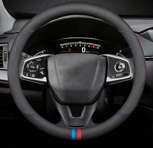 TRROCC Leather Car Steering Wheel Cover, Tricolor Sporty Style, Breathing Laser Perforation, Red-Blue Dual Line, 14.5-15 Inch for Chevrolet