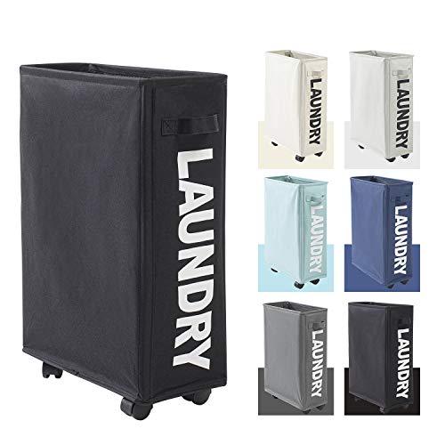 ランドリーバスケット ランドリーボックス キャスター付き スリム 洗濯物入れ 防水 コーティング コットン オックスフォード ストレージバスケット (ブラック)