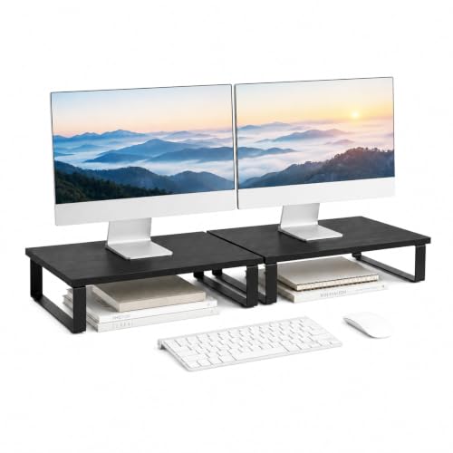 Image of XINYAO 2 Pack Monitor Riser for Desk, Wood and Steel, 16*12*3 inch, Black