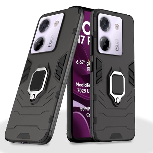 Image of Pikkme Back Cover for Poco M7 Pro 5G | 360 Protection Case | Ring Holder Stand D5 Tough Armor Bumper Case (Black)