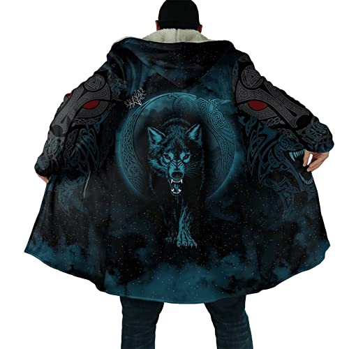 Viking men's mid-length warm thickened parka jacket Fenrir wolf tattoo winter lambswool casual long sleeve hooded jacket (Color : Celtic Wolf H81, Size : X-Large)