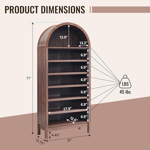 Image of IFBUY 71 inch Tall Arched Bathroom Storage Cabinet, 7-Tier Modern Farmhouse Storage Cabinet with Adjustable Shelves, Wood Freestanding Cabinet for Bathroom, Living Room, Entryway, Hallway-Brown