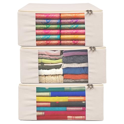 Image of EliteOne Cotton Canvas Clothes Storage Bags with Zip & Window | Saree Covers for Storage | Lehengas, Dresses, Saree Organiser for Wardrobe | saree bags with zip (17x14x7 inches)(Pack of 3 Bags)