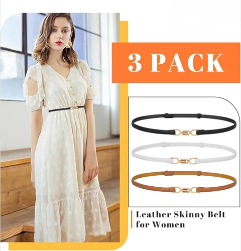 3 Pack Women's Skinny Genuine Leather Belt Adjustable Thin Waist Belt with Gold Buckle2