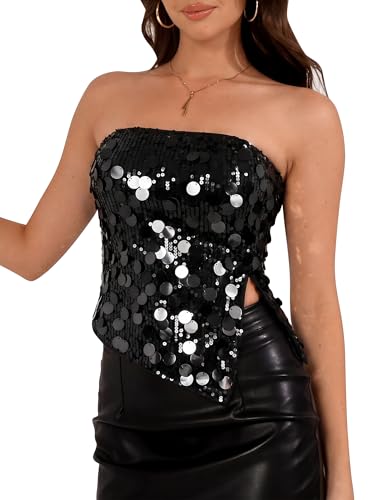 Sequin Top for Women Sparkle Sleeveles Split Crop Tube Top Glitter Mermaid Disco Cocktail Party Club Night,Black,S