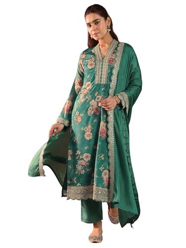 Image of Libas Womens Printed Silk Blend Straight Kurta With Palazzos and Dupatta | daily wear suit