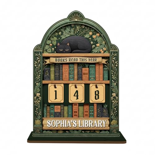 Green Witch Wooden Book Tracker with Black Cat, Library Sign