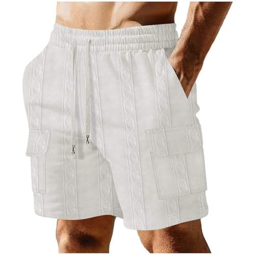 Image of Men's Cargo Shorts Casual Elastic Waist Drawstring Textured Lightweight Summer Comfy Beach Shorts Multi Pockets
