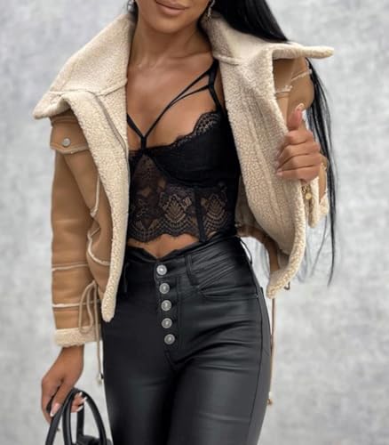 INVACHI Women's Cropped Faux Leather Jacket Fleece Lined Aviator Coat Warm Winter Sherpa Jacket2