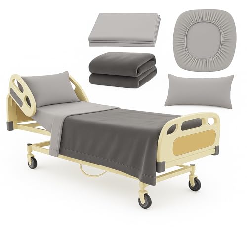 Image of Care Bed Sheets Set 4 Pcs - 36 inchx80 inch Fitted Sheet, Flat Sheet, Pillowcase & Blanket - Twin XL Hospital Style Sheets for Home or Adjustable Beds(Gray)