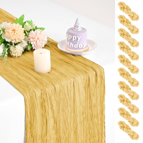 Teruntrue 10 Pack Gold Cheesecloth Table Runner 17x108 Inch Boho Gauze Sheer Fabric Cheese Cloth Table Runners for Wedding Party Bridal Shower Birthday Home Decor Garden Farmhouse