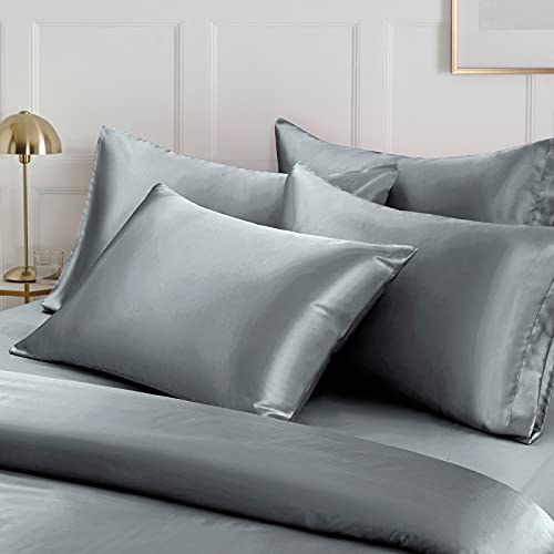 Image of Ersmak 6 Pieces Satin Duvet Cover Full /Queen Size Luxury Silky Bedding Duvet Cover Set with 1 Soft Duvet Cover, 4 Queen Pillowcases and 1 Body Pillowcase, Grey
