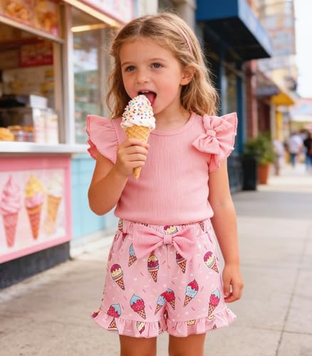 Image of Barlver Girls 2 Piece Short Set Baby Girl Summer Clothes Ruffle Sleeve T-Shirt and Bow Knot Shorts Toddler Girl Outfit Set