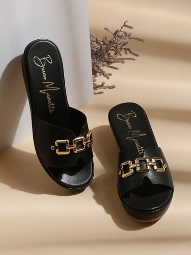 Image of Bruno Manetti Women's Slipon Back Open with Upper Golden Buckle Round Toe Comfort Platform Wedges