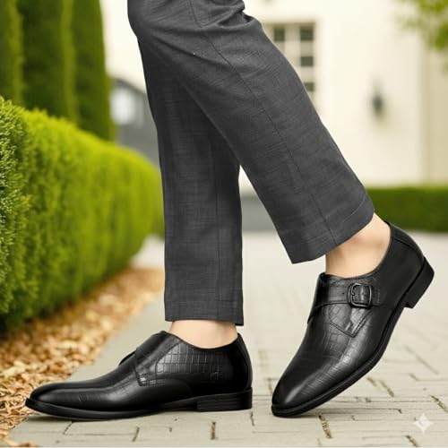 Image of Leatherful Single Monk Strap Shoe, Genuine Leather, Black, TPR Sole, Nappa Leather Lining