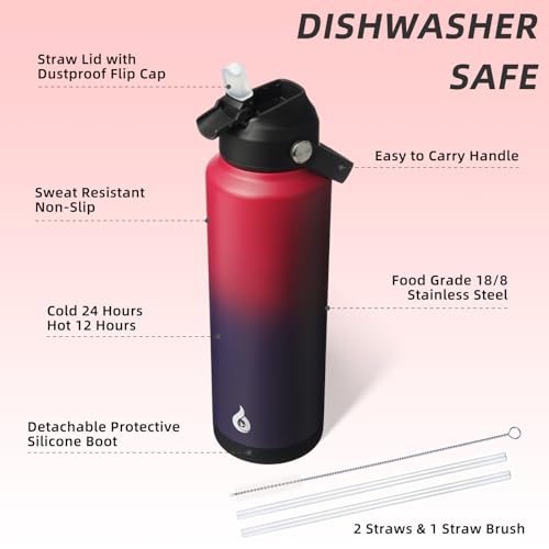 Image of BJPKPK Insulated Water Bottle with Straw Lid, 40oz Large Thermo, BPA Free Leak Proof Stainless Steel Metal Water Bottles, Tumblers, Cups, Flasks for Travel, Sports,Charming Red