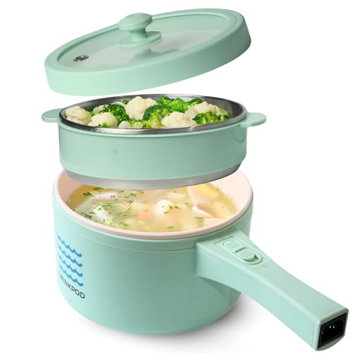 DRINKPOD 2L Electric Hot Pot with Steamer, Portable Multi Cooker for Ramen, Eggs, Soup, Oatmeal Non-Stick Mini Pot with Adjustable Temperature (AQUA GREEN)