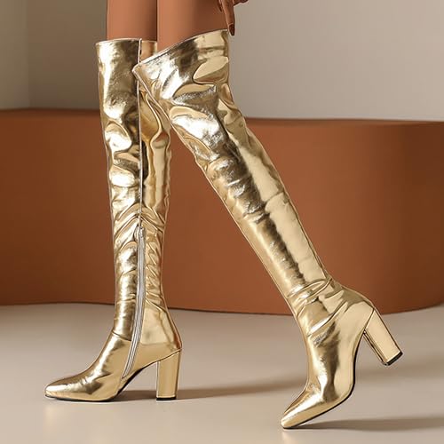 Bottes au-dessus du genou style gothique Hanraz en cuir laqué avec talons hauts