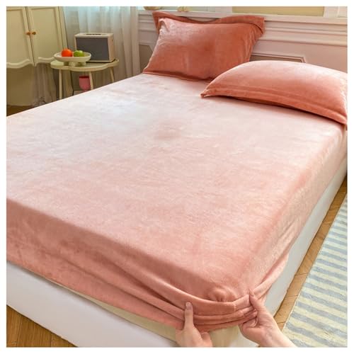Sábana bajera ajustable de terciopelo, forro polar de franela, sábana bajera suave de felpa con bolsillo profundo, sábana bajera con 2 fundas de almohada (rosa oscuro, 200 x 220 cm)