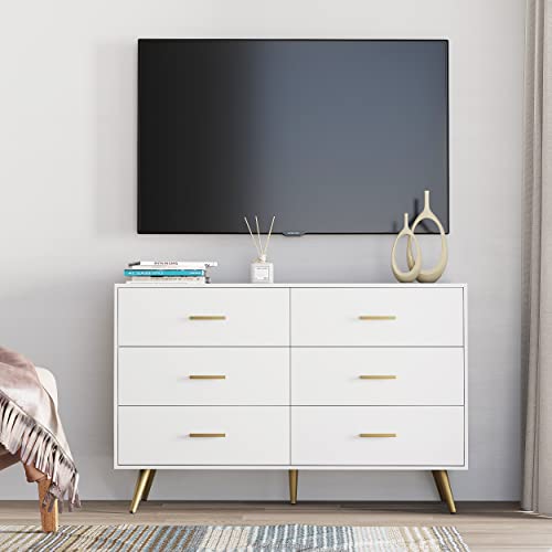 Sospiro 6 Drawer Dresser For Bedroom, Modern White Wood Dresser With Wide Drawers And Metal Handles, Long Chest Of Drawers For Living Room Hallway Entryway, White #TOP3