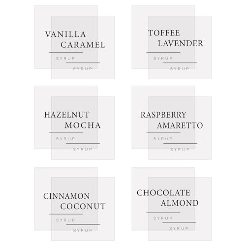 72PCS Clear Waterproof Coffee Syrup Labels, Minimalist Transparent Decals Stickers for Coffee Bar Organization, Glass Syrup Bottles, Dispensers and Pump Bottles, 2.5"x2.5"