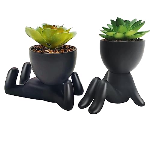 Paquete de 2 bonitas plantas suculentas falsas, pequeñas plantas artificiales con macetas de cerámica negra en forma de humano, mini plantas artificiales en maceta para escritorio, baño, decoración
