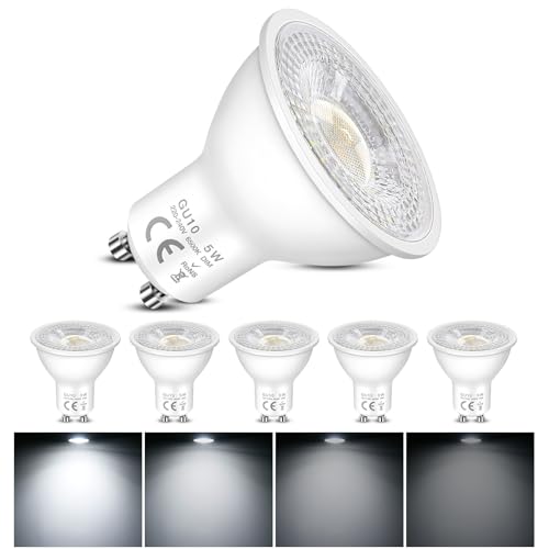 Bombillas LED GU10 Spot Regulable, Blanco Frío 6500K, 5W Equivalente a 50W Halógenas, 500 Lúmenes, 120° Ángulo de Haz, Ahorro de Energía, Focos, para Iluminación de Riel, Empotrada, Paquete de 6