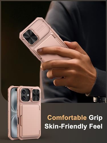 Image of Vihibii for iPhone 16 Case Wallet with Card Holder (4 Cards) [RFID Blocking] & Slide Camera Cover, Military Grade Drop Protection, Rugged Back & Silicone Edge Phone Cover, 6.1 inch 2024, Rose Gold