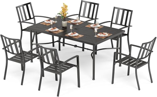 Image of PHI VILLA 7 Piece Patio Dining Set, 64 inch Steel Table | Outdoor Dining Set for 6 for Patio, Deck, Yard, Garden
