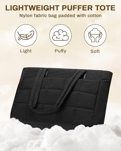 Travel Tote Bags for Women, Quilted Puffer Teacher Tote Bag, School Puffy Tote Purse, Large Tote Bags for Women Work (Black) — view 3