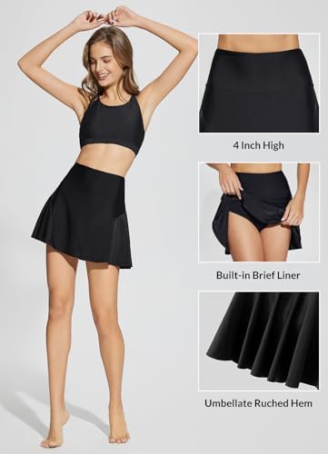 Baleaf Women'S Swim Skirt Bottoms High Waisted Tummy Control Build-In Brief With Pockets Ruched Swimsuit Tankini Bottoms Black L thumb #2