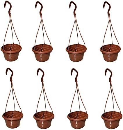 PALROTOP 8 Pack Small Plastic Hanging Planters, 7" Hanging Flower Plant Pots Basket Planter Holder Round Hanging Containers for Outdoor Indoor Plants Garden Balcony Decoration, Brown