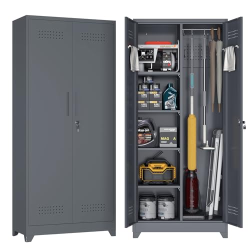 FATIGOS 72.8" H Metal Garage Storage Cabinets, Metal Storage Cabinet with Hanging Rod & S-Hooks, Broom Closet Storage with Shelves, Functional Storage Cabinets for Garage, Warehouse, Grey