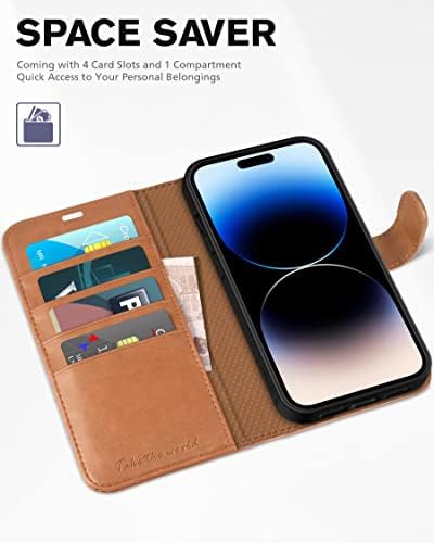 TUCCH Case for iPhone 14 Pro (6.1") 2022 5G, Magnetic PU Leather Protective Wallet Phone Case with [RFID Blocking] Card Slot[Shockproof TPU] Stand Cover Compatible with iPhone 14 Pro, Light Brown