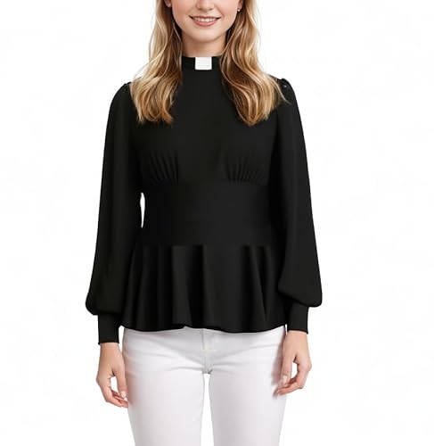 ANDHOM Clergy Shirt for Women Church Clerical Shirts Priest Clergy Attire Thickening Line Hem Long Sleeve Blouse Top Black
