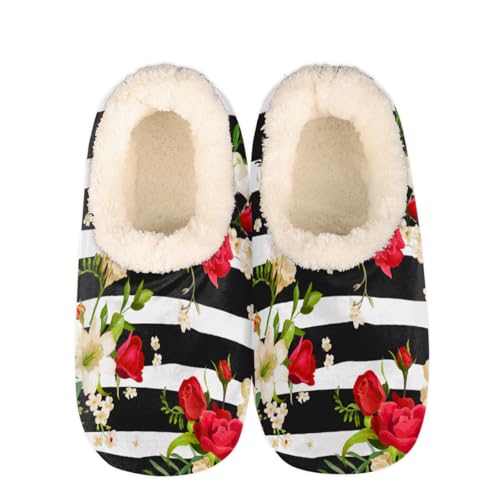 Rose Lily Flower Slippers for Women Slipper Socks Soft Fuzzy House Slippers Shoes for Indoor Bedroom, Winter Cozy Christmas Gifts, Black Stripe
